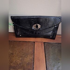 Black Croc-Textured Envelope Clutch - Unbranded